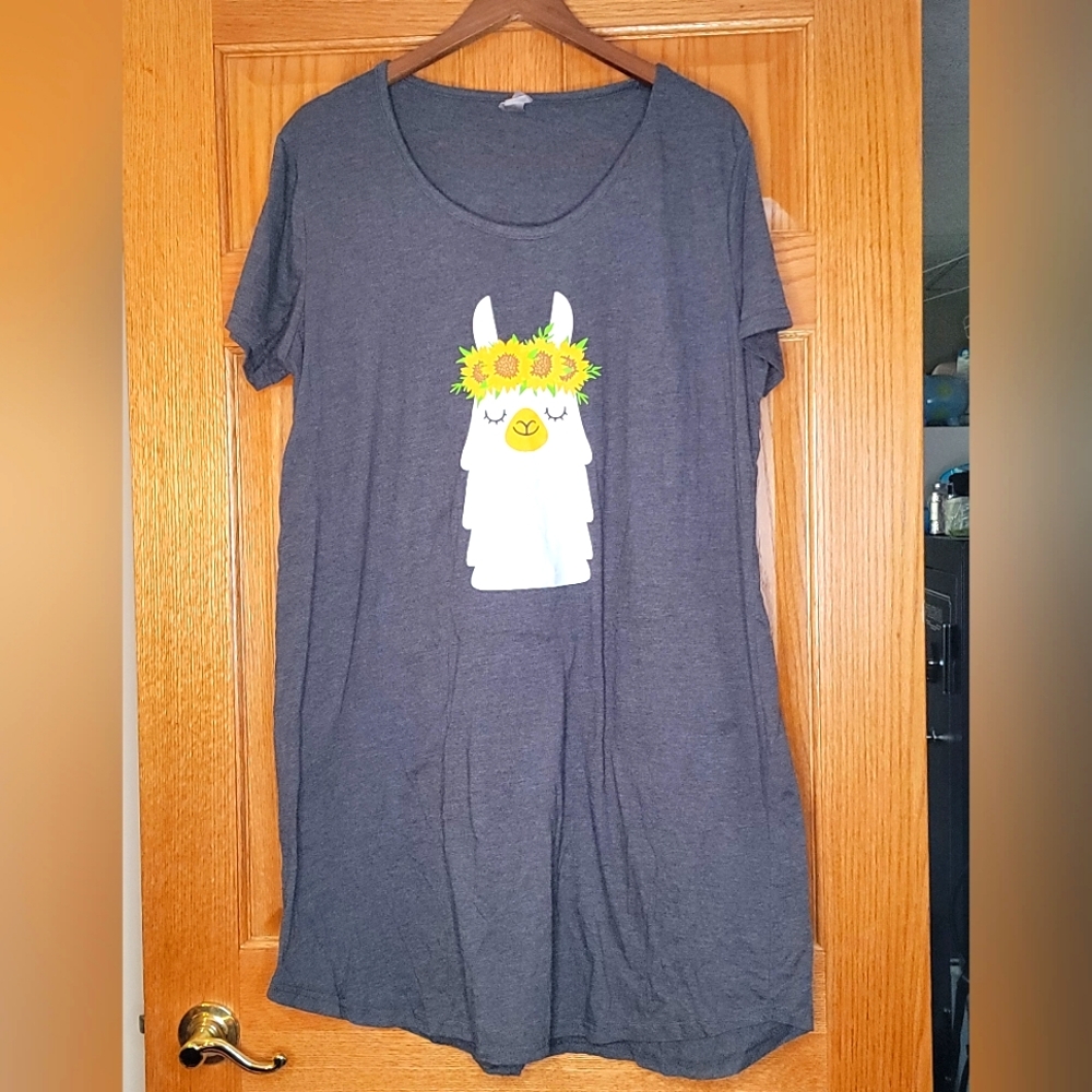 Instant Message Charcoal Grey Llama Sunflower Tunic Short Sleeve Shirt Size 2X